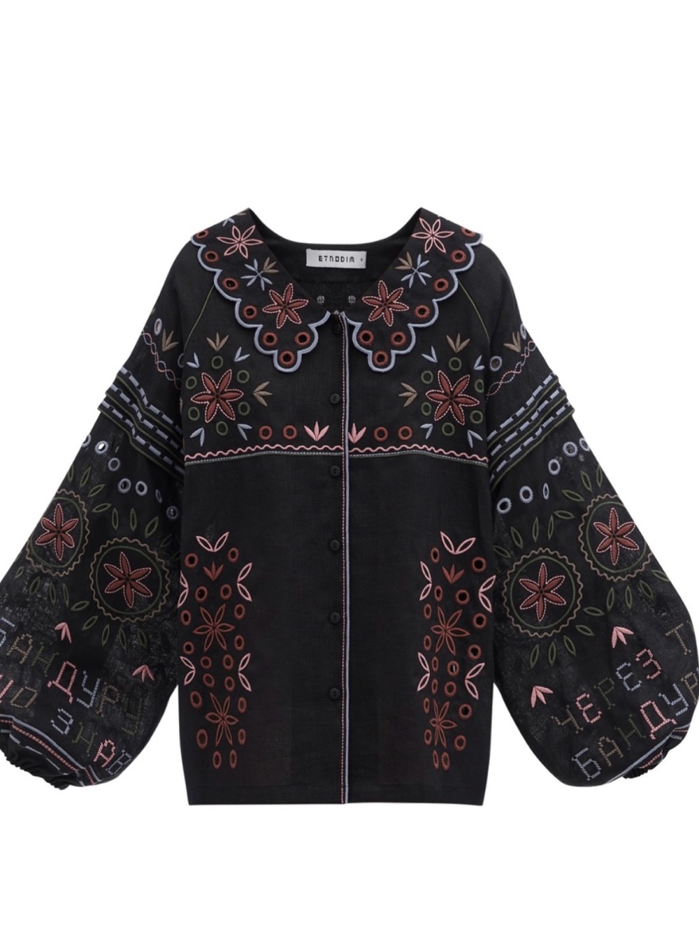 Etnodim. Embroidered jacket. Made of black linen with a high collar. Fits XS, S